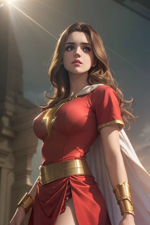 (Ultra réaliste,32k, chef-d&#39;œuvre:1.2),(Peau très détaillée:1.1),( 8k euh, Reflex numérique, Haute qualité:1.1), Laura Marano,
Laura Marano dans le rôle de Mary Marvel, cheveux bruns, cheveux longs, cape blanche, robe rouge, jupe rouge, manches courtes, entretoise , (énorme poitrine:0.9), (regarder le spectateur, debout, par le bas:1.1),,,(rayons lumineux denses:1.1),fond blanc