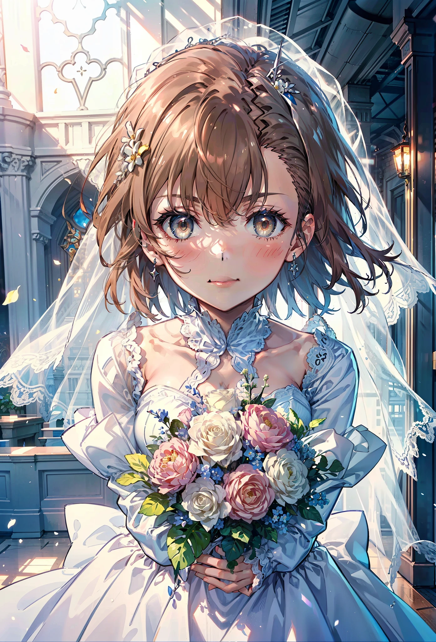 8k,highest quality,masterpiece,(((Pixel Perfect, Perfect in every detail))), alone, 1 girl, ,Mycotrose, Brown eyes,Brown Hair,short hair,Open your mouth,smile,blush,Flower Hair Ornaments,Veil,Wedding dress,Wedding Skirts,Holding a large bouquet in both hands,Flower Storm, break indoors, Chapel,Association, break looking at viewer, whole body,(Cowboy Shot:1. 5) , break (masterpiece:1.2), highest quality, High resolution, unity 8k wallpaper, (shape:0.8), (Beautiful details:1.6), Highly detailed face, Perfect lightでg, Highly detailed CG, (Perfect hands, Perfect Anatomy),