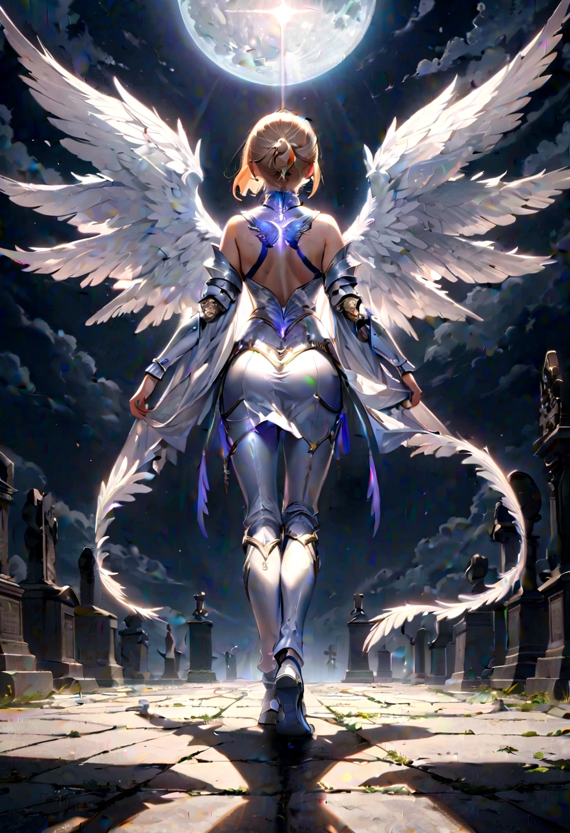 (a back view model shot taken from the back: 1.5), female angel (Masterpiece, intense details: 1.3), paladin, holy warrior, short blond hair, determined face, full body, armed with sword, holy symbol, (wearing white armor: 1.3), ((fully dressed: 1.5)), (wings sprouting from the back: 1.3) spread large feathered wings, majestic wings, white angelic wings, moon light, moon, stars, clouds, cemetery background, anatomically correct (Masterpiece, intense details: 1.3), god rays, cinematic lighting, glowing light, photorealism, panoramic view, Wide-Angle, Ultra-Wide Angle, 16k, highres, best quality, high details, ultra detailed, masterpiece, best quality, (extremely detailed), arafed, dnd art, armored dress