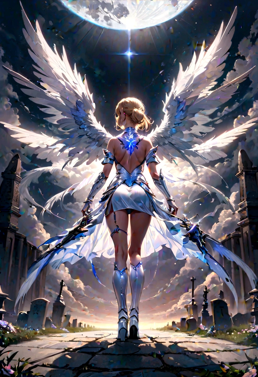 (a back view model shot taken from the back: 1.5), female angel (Masterpiece, intense details: 1.3), paladin, holy warrior, short blond hair, determined face, full body, armed with sword, holy symbol, (wearing white armor: 1.3), ((fully dressed: 1.5)), (wings sprouting from the back: 1.3) spread large feathered wings, majestic wings, white angelic wings, moon light, moon, stars, clouds, cemetery background, anatomically correct (Masterpiece, intense details: 1.3), god rays, cinematic lighting, glowing light, photorealism, panoramic view, Wide-Angle, Ultra-Wide Angle, 16k, highres, best quality, high details, ultra detailed, masterpiece, best quality, (extremely detailed), arafed, dnd art, armored dress