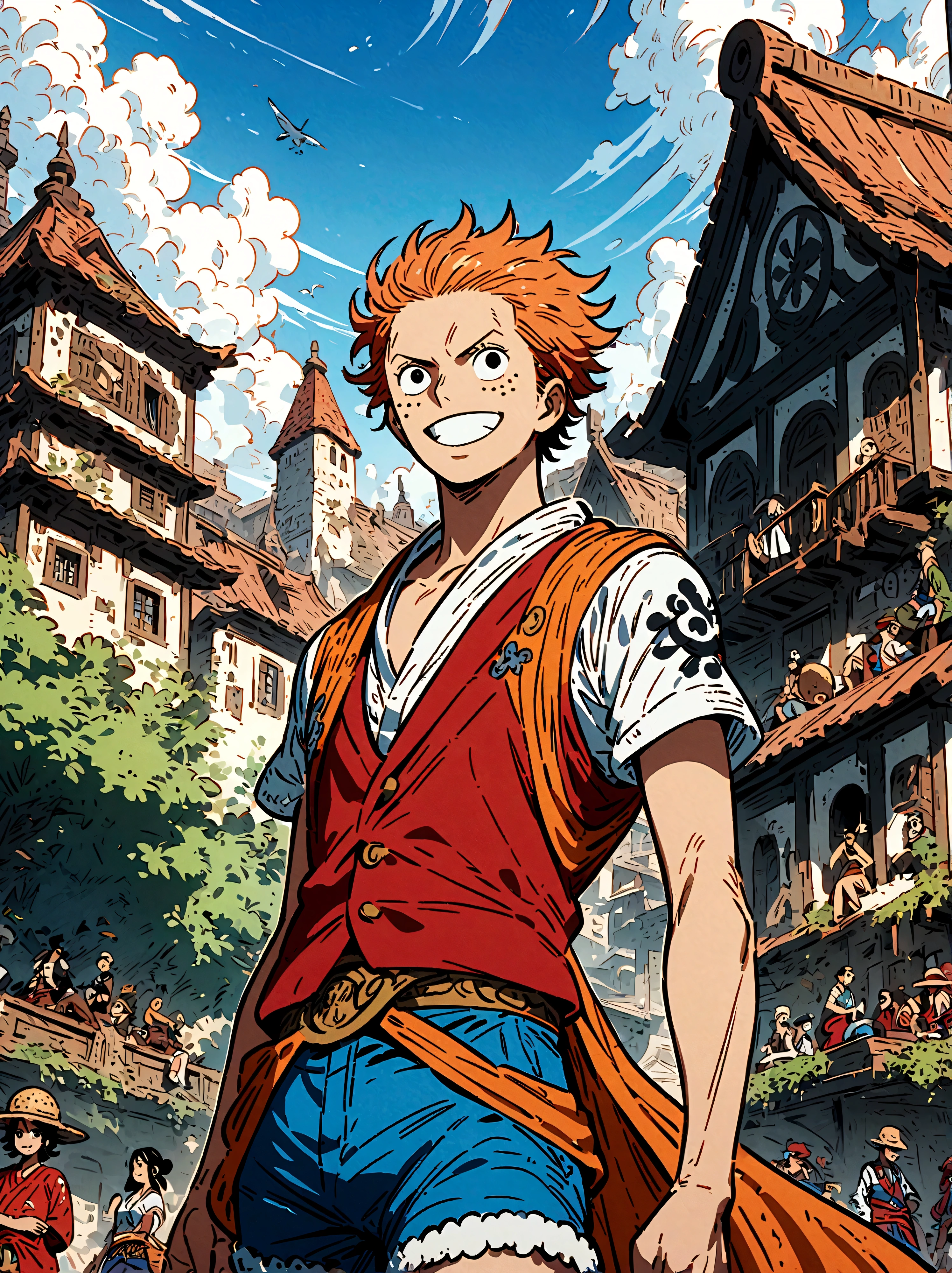 Japanese anime One Piece, Create an expansive illustration reminiscent of the popular action-adventure anime series. It should have a different group of brave explorers. Each character has its own uniqueness. One is tall and thin、A man with black spikes, Wearing a red vest, Blue shorts, and a straw hat. His cheerful personality and love of adventure are evident in his bright smile. Another character is a man with slicked back hair, Shoulder-length light moss green hair, Dressed in exquisite burgundy clothing, His demeanor reflects his dignity and maturity.. The third character is a beautiful and elegant young woman, She has orange hair，Wearing a simple vest and a mini skirt. The stunning blue sea covers the entire background, It adds a dangerous and exciting atmosphere to the whole scene.