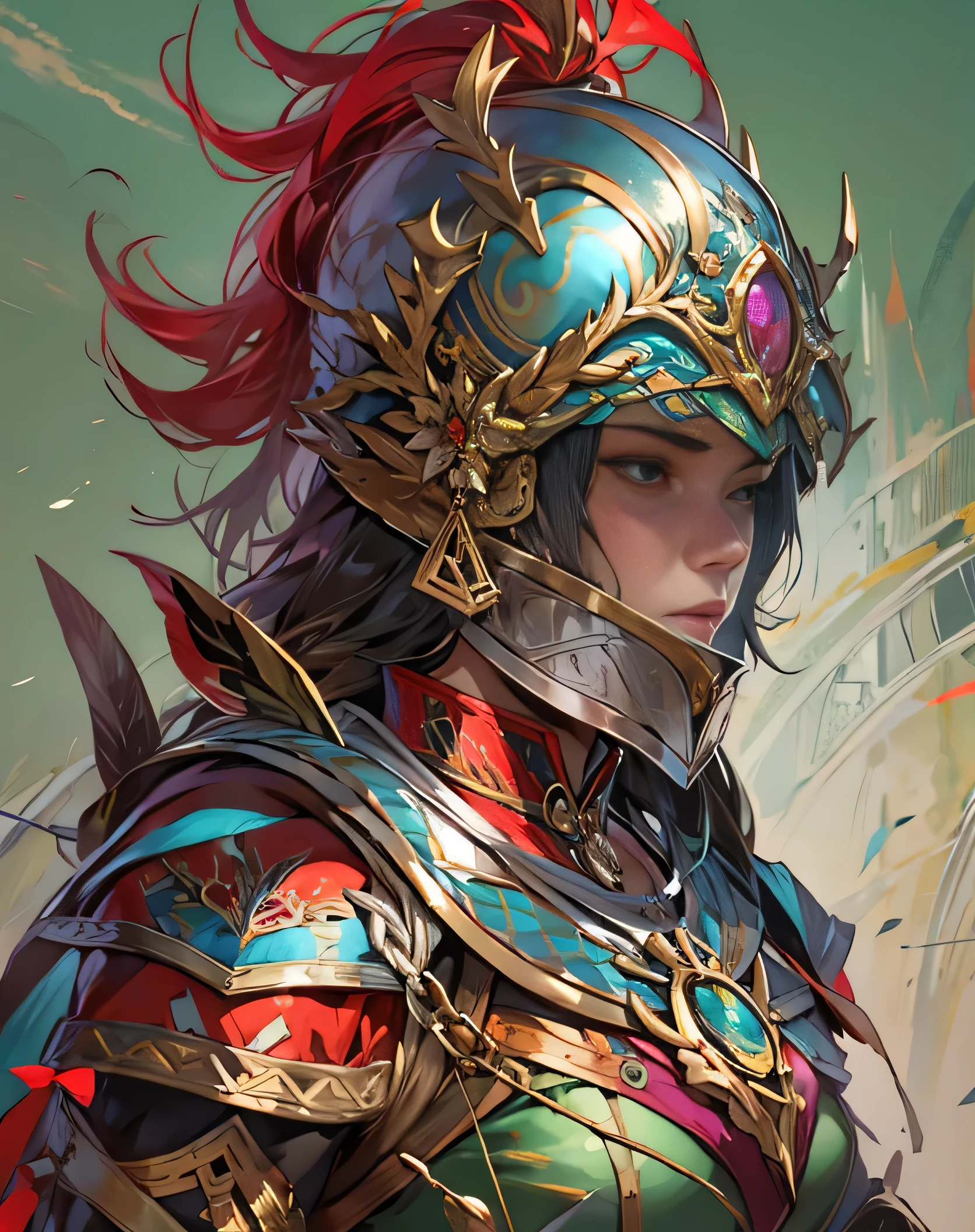 奇幻风格, 女将军&#39;的头盔, 赤铁铠甲, 多彩的设计, 头盔掉在地板上, 银色和红色的合奏,
