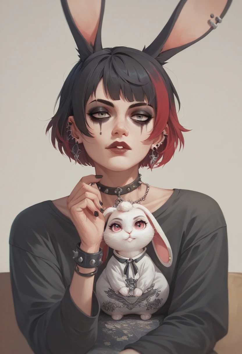 Art moderniste, Anime en direct, Une fille qui aime les lapins, Assis avec un lapin, Egon Schiele, Art émo, Autre dimension, Art du portrait par Jakub Rebelka、la plus haute qualité、la plus haute qualité