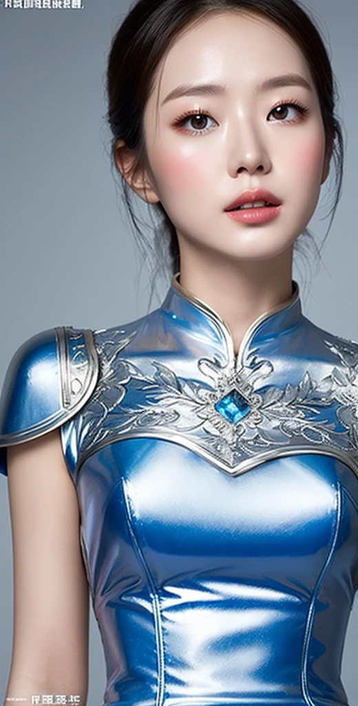 a close up of a woman in a silver and blue dress, chengwei pan on artstation, by Yang J, detailed fantasy art, stunning character art, fanart best artstation, epic exquisite character art, beautiful armor, extremely detailed artgerm, detailed digital anime art, artgerm on artstation pixiv, armor girl