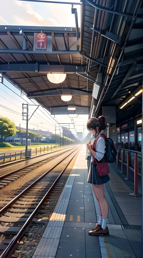 waiting for the train on the station platform、Looking down and bowing、Visible from the opposite lane