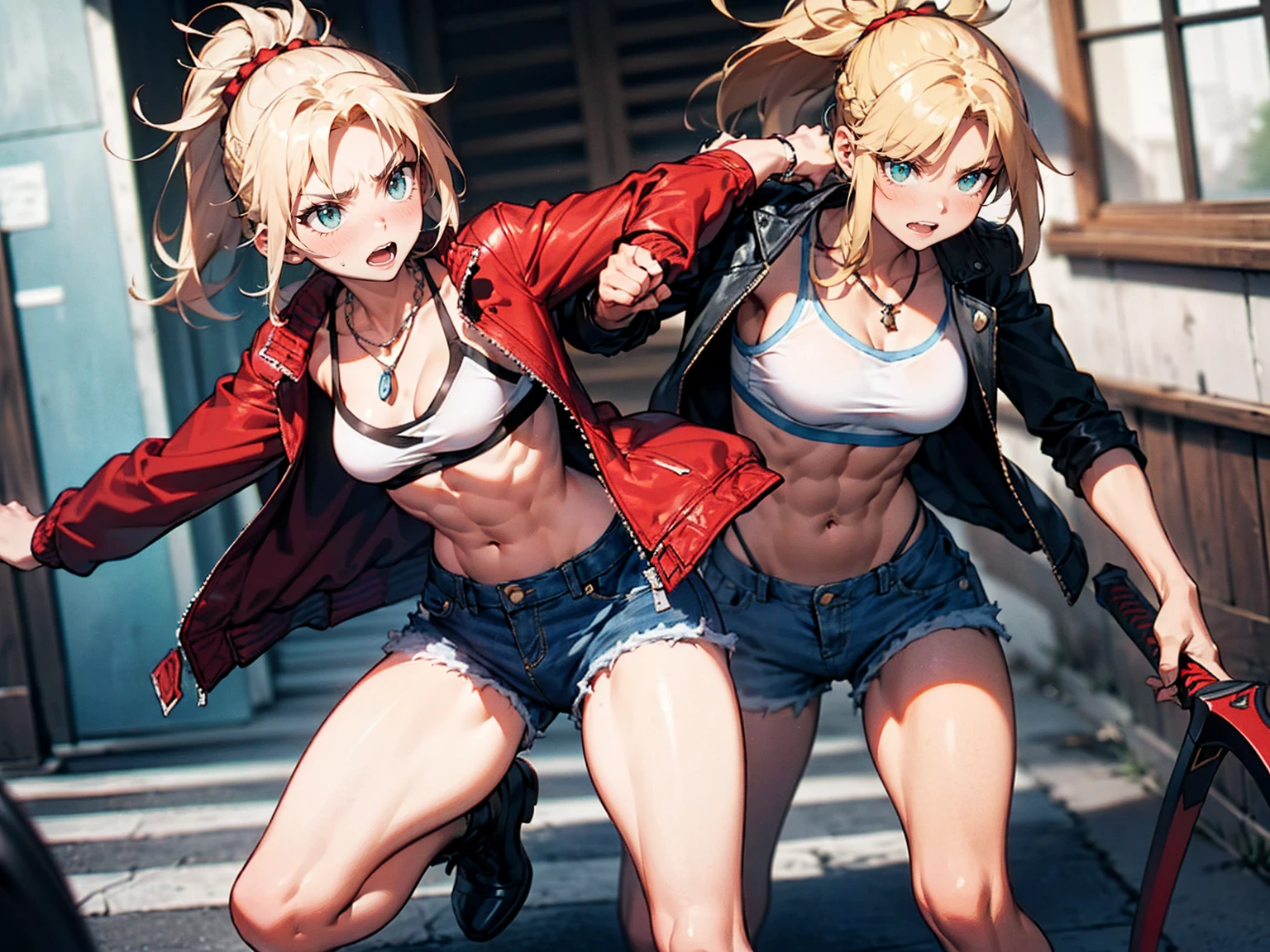 (Red jacket：1.9 )、((Battle Scenes, Swinging his sword violently,Dynamic Pose, Dynamic Action,Tight chest tops, Two-handed sword swinging pose)) , （Green Eyes:1.3）、((One Woman:2)), Blonde Hair、ponytail、short hair、Scrunchie、赤いScrunchie、ヘアScrunchie、(赤いJacket:1.3)、denim、denimShorts、Jacket、jewelry、Abdominal muscles、Sturdy body、belly button、necklace、(赤い革Jacket)、Shorts、Shorts、Tube top、White top、,(Perfect hands),(Perfect Anatomy, complete hand depiction),(masterpiece),(highest quality),　Battle Scenes：1.5
