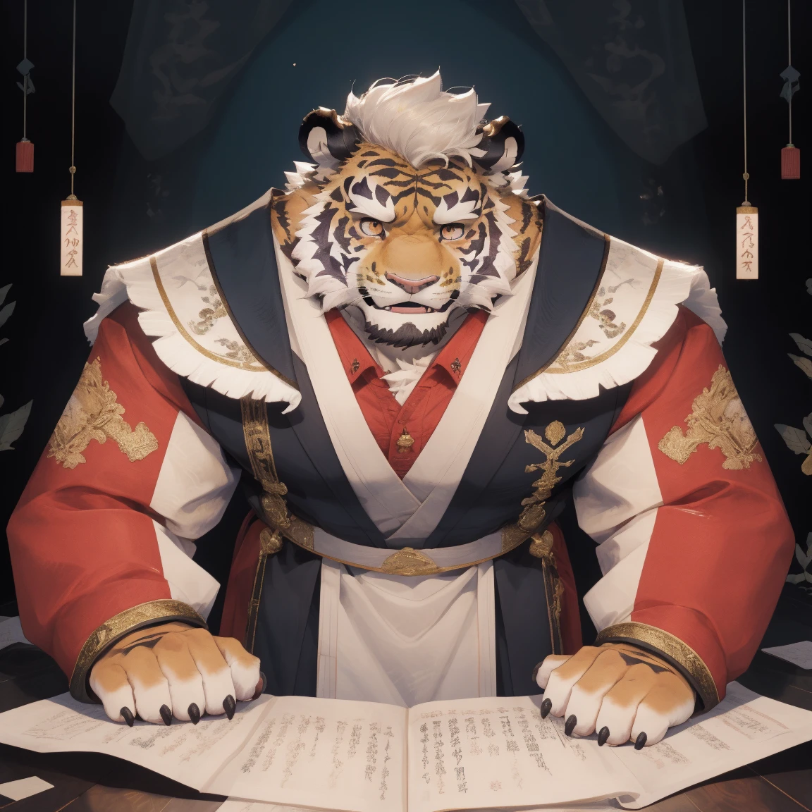 masterpiece, best quality, 8k resolution, Very detailed, hairy，tiger，calm，Strong，male，white hair，short hair，Golden Eyes，Opera Costumes，Peking Opera，Hanfu，Detailed facial depiction，Highest quality scenes，whole body，permanent，male，August，solitary，