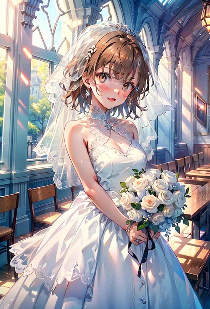 8k,highest quality,masterpiece,(((Pixel Perfect, Perfect in every detail))), alone, 1 girl, ,Mycotrose, Brown eyes,Brown Hair,short hair,Open your mouth,smile,blush,Flower Hair Ornaments,Veil,Wedding dress,Wedding Skirts,Holding a large bouquet in both hands,Flower Storm, break indoors, Chapel,Association, break looking at viewer, whole body,(Cowboy Shot:1. 5) , break (masterpiece:1.2), highest quality, High resolution, unity 8k wallpaper, (shape:0.8), (Beautiful details:1.6), Highly detailed face, Perfect lightでg, Highly detailed CG, (Perfect hands, Perfect Anatomy),