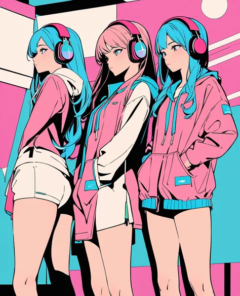 popart style,flat color,(best quality, masterpiece, ultra high-resolution, ultra-detailed: 1.2), Three unique girls are standing...