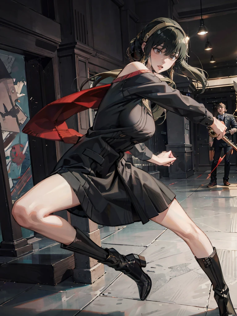 Action pose, Battle Scenes:1.5, (Yor Forger), Red eyes, Black Skirt, red off shoulder sweater, (Big Breasts), morning, ((Fighting a brown-haired man in a suit)), morningのエーゲ海の町並み, Wearing boots, Angry expression,:1.5 Attack Speed, Fast Attack, ((Angry expression,:1.5))
