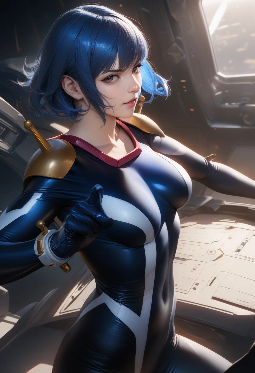 perfect hands, perfect finger,perfect anatomy, masterpiece, best quality,realistic, hyperrealistic, 16k hdr,1girl, medium breasts,blue hair, bobcut,mobile trace suit, shoulder armor,fighting pose, upper body, cockpit