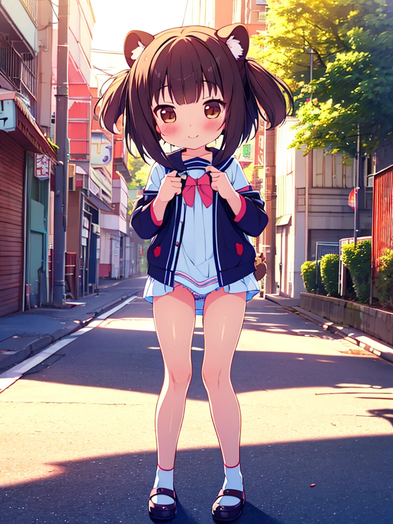 tanuki girl, loli tanuki, kawaii, on a streets of tokyo, sunset, sunbeams, magical lighting, akihabara, in cute short dress, undies visible, panties visible, smiling, blushing, shy pose, kawaii outfit, beautiful hair, looking away Short skirt raised show panties  NSFW open legs