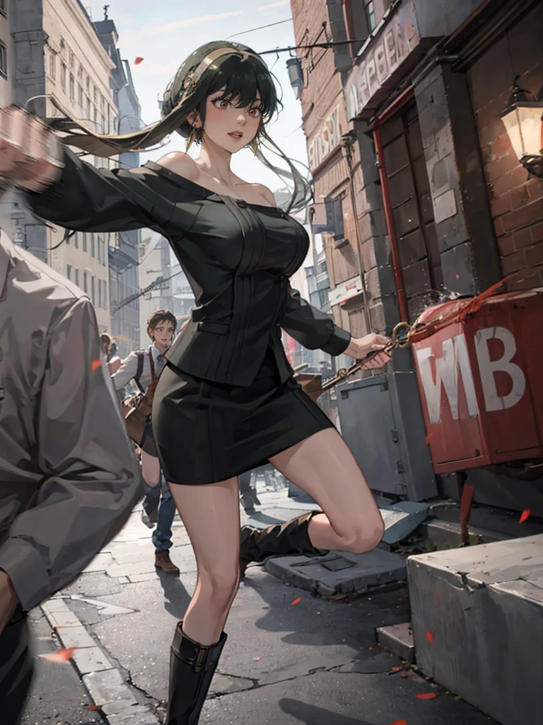 Action pose, Battle Scenes:1.5, (Yor Forger), Red eyes, Black Skirt, red off shoulder sweater, (Big Breasts), morning, ((Fighting a brown-haired man in a suit)), morningのエーゲ海の町並み, Wearing boots, Angry expression,:1.5 Attack Speed, Fast Attack, ((Angry expression,:1.5)), Angry face
