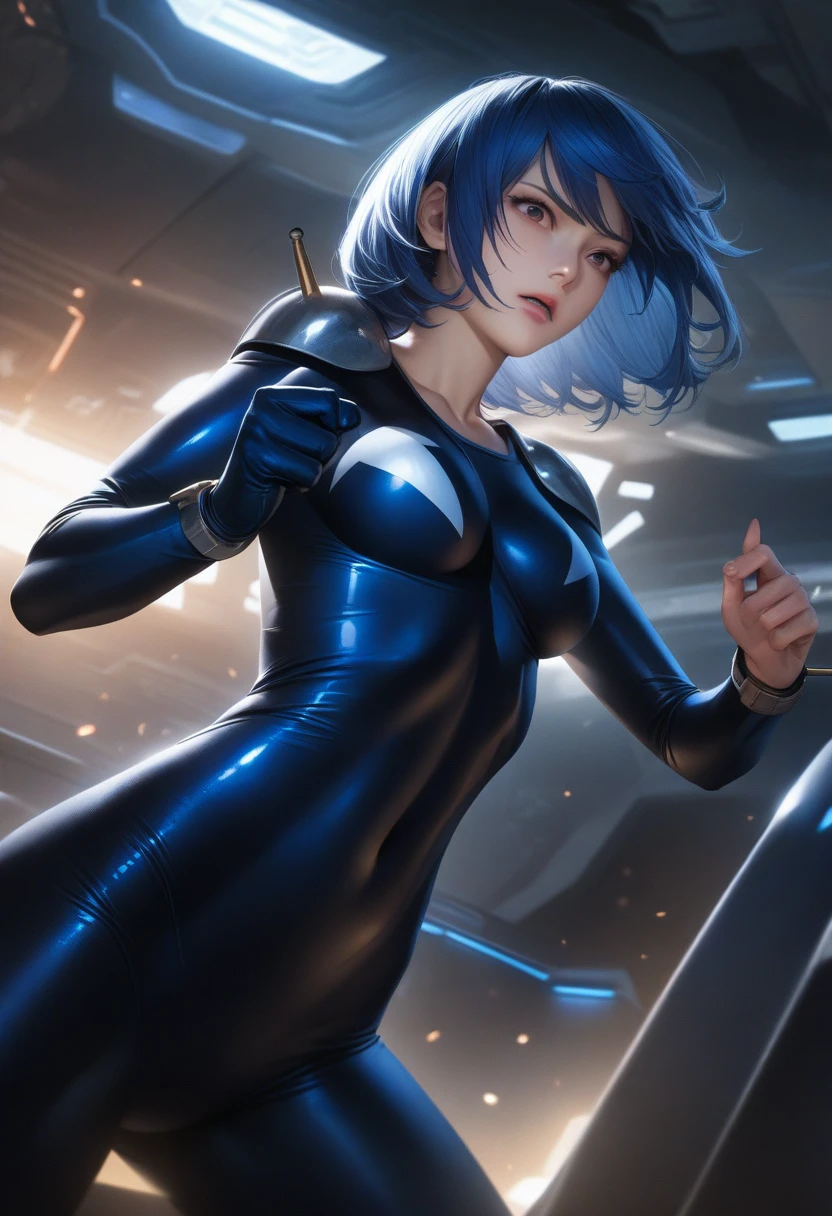 perfect hands, perfect finger,perfect anatomy, masterpiece, best quality,realistic, hyperrealistic, 16k hdr,1girl, medium breasts,blue hair, bobcut,mobile trace suit, shoulder armor,fighting pose, upper body, cockpit,from below