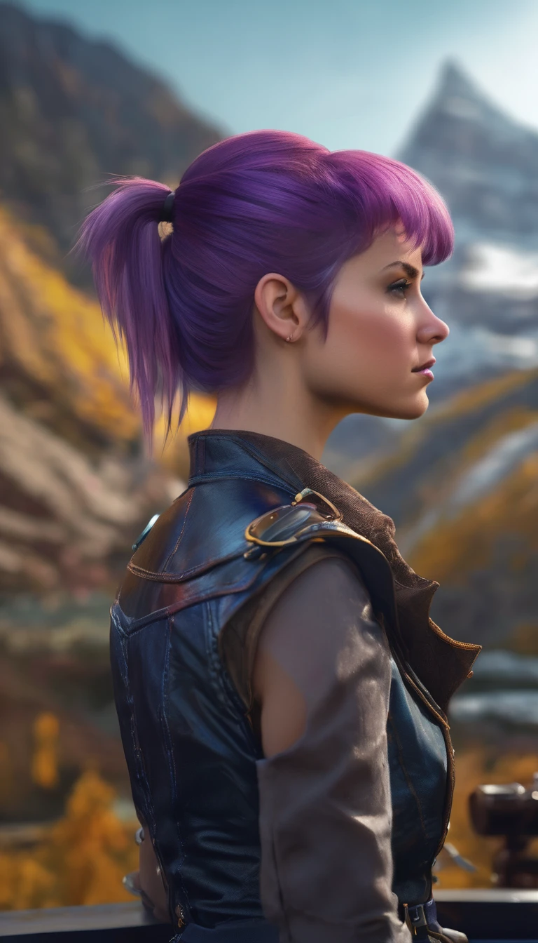 Full Back view, (photo_(medium):1.2), by Antonio J. Manzanedo, by Jeremy Lipking, 1girl, stand back to viewer, looking at viewer, (photorealistic:1.2), hyperrealistic, photorealism, close-up, head and shoulders, purple hair with rainbow streaks, short hair, ponytail, bangs, blue eyes, friendly, eyelashes, steampunk, sleeveless, subsurface skin scattering, snowy mountain background, symmetry, depth of field, 8k, vfx, hdr, rtx