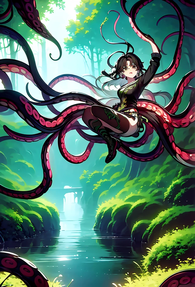 ((masterpiece)), ((best quality)), (ultra-detailed),(in the forest),(plant with flower),(((many tentacles wrap arotnd the waist))),a cute girl, 1girl, solo,((many tentacles bound arms)), ((thin waist)),jianxindef, gloves, jewelry, shorts, black shorts, asymmetrical gloves,
black footwear