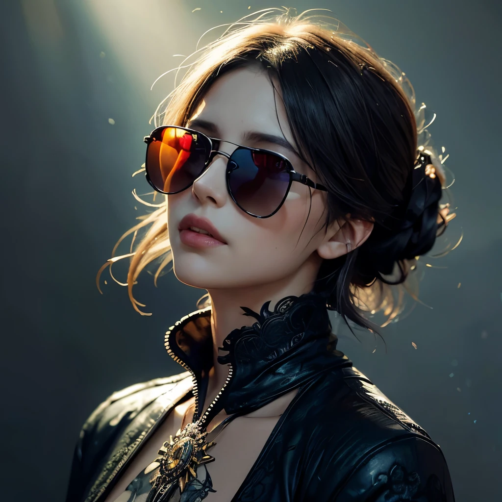 Colorful beautiful woman wearing sunglasses: Black ink flow: 8k resolution photorealistic masterpiece: by Aaron Horkey and Jeremy Mann: intricately detailed fluid gouache painting: by Jean Baptiste Mongue: calligraphy: acrylic: watercolor art, professional photography, natural lighting, volumetric lighting maximalist photoillustration: by marton bobzert: 8k resolution concept art intricately detailed, complex, elegant, expansive, fantastical, short hair, updo, bloody-red eyes, red eyes, ironic smile, portrait, sunglasses 