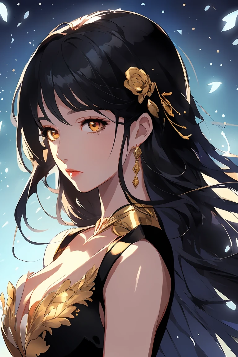  masterpiece, top quality, best quality, official art, beautiful and aesthetic, animation,, 1girl, black hair, golden eyes, long hair big sister, cold, shiny eyes, big chest ,