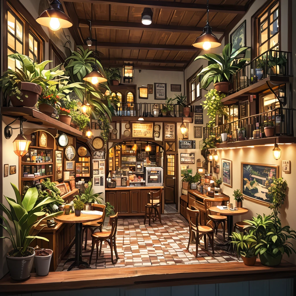 tilt-shift photography,(masterpiece, top quality, best quality),(ultra-detailed, absolutely resolution),((16k, high res)). (retro café and house plants, interior))