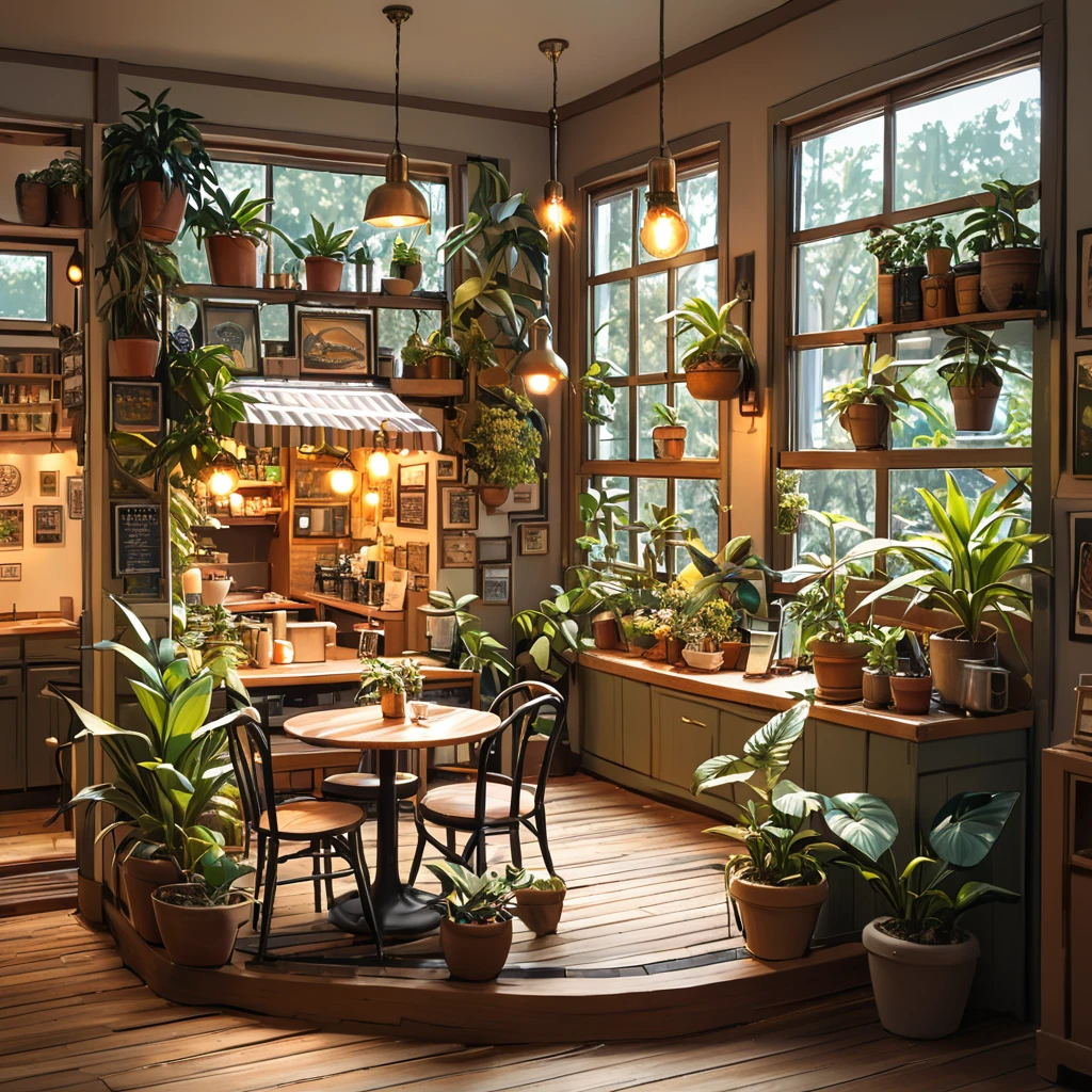 tilt-shift photography,(masterpiece, top quality, best quality),(ultra-detailed, absolutely resolution),((16k, high res)). (retro café and house plants, interior))