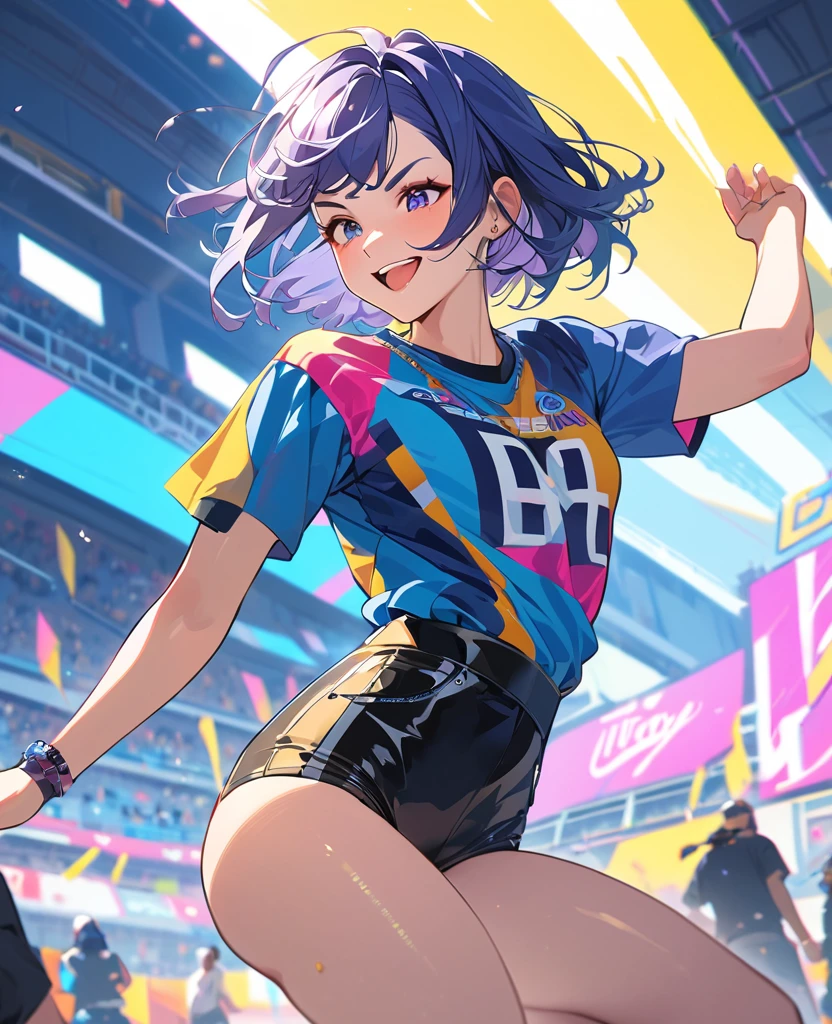 popart style,(best quality, masterpiece, ultra high-resolution, ultra-detailed: 1.2), Unique girl engaged in an intense dance battle,wearing Jersey,enjoy,happy,BREAK,(MIA:tween,detailed face,(darkblue hair-color,wavy-short hair),parallel eyebrows),