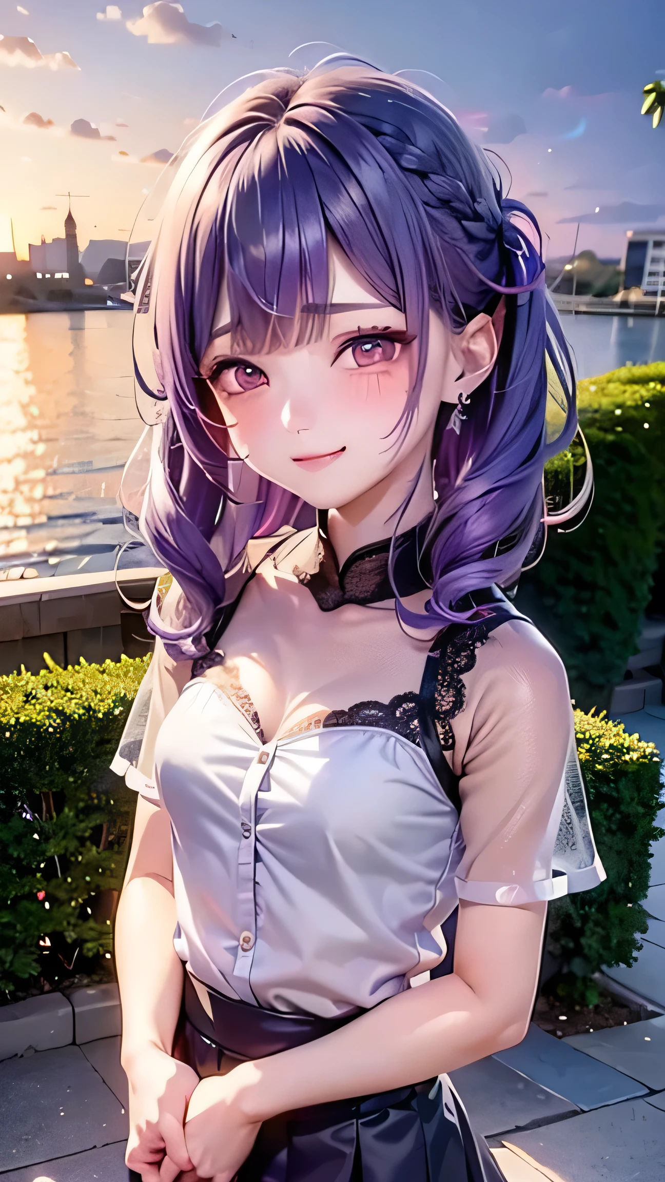 Small face、 (alone:1.5,)Very detailed,Bright colors, Very beautiful and detailed anime faces and eyes, Look straight, Shiny_skin,girl, (((Rainbow Hair, Colorful Hair, Half blue、Half Purple Hair: 1.2))), 、Shiny hair, Delicate and beautiful face, blush、Glasses、(Turquoise Eyes), , Valletta, Earrings,、garden、sunset、(（(Stylish lace mini skirt,Translucent shirt)))、（Twin tails）、smile、smile、Face dyed red、hilarious pose、dynamic、