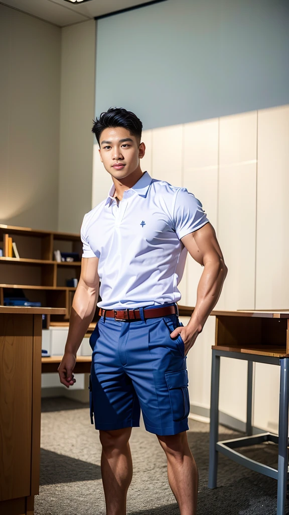 Masterpiece, best quality, High quality, วอลล์เปเปอร์ CG unity 8k ที่มีvery detailed, depth of field, HDR,,photorealistic,very detailed, 1 man sitting on a chair, Asia, black short hair, , (Thai , white shirt),  blue cargo shorts, chest muscles, Big arm muscles, blood vessel, big muscles, Broad shoulders, looking at the audience, Balancing the eyes, (Make eye contact) (In a modern classroom:1.3)