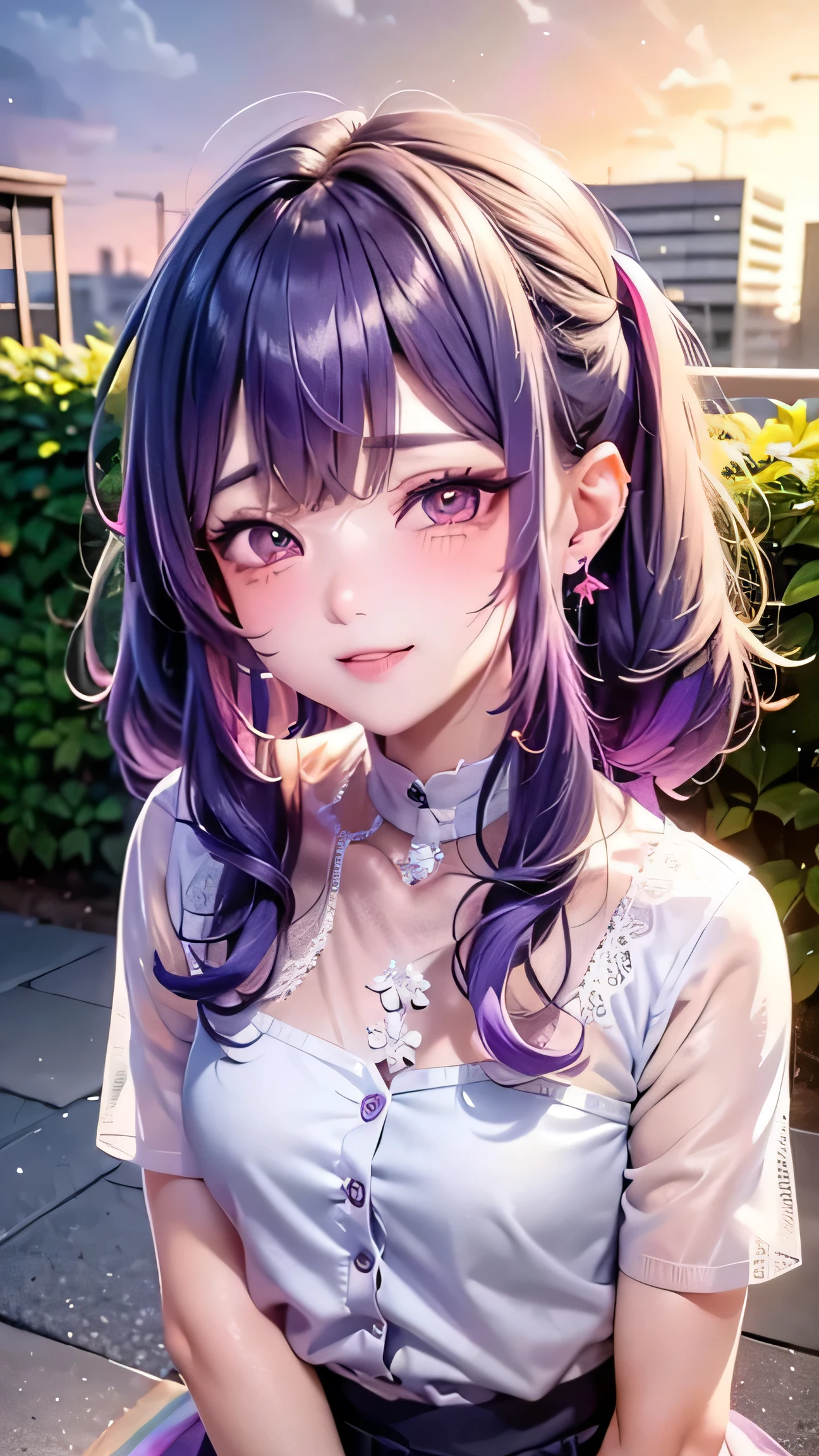 Small face、 (alone:1.5,)Very detailed,Bright colors, Very beautiful and detailed anime faces and eyes, Look straight, Shiny_skin,girl, (((Rainbow Hair, Colorful Hair, Half blue、Half Purple Hair: 1.2))), 、Shiny hair, Delicate and beautiful face, blush、Glasses、(Turquoise Eyes), , Valletta, Earrings,、garden、sunset、(（(Stylish lace mini skirt,Translucent shirt)))、（Twin tails）、smile、smile、Face dyed red、hilarious pose、dynamic、