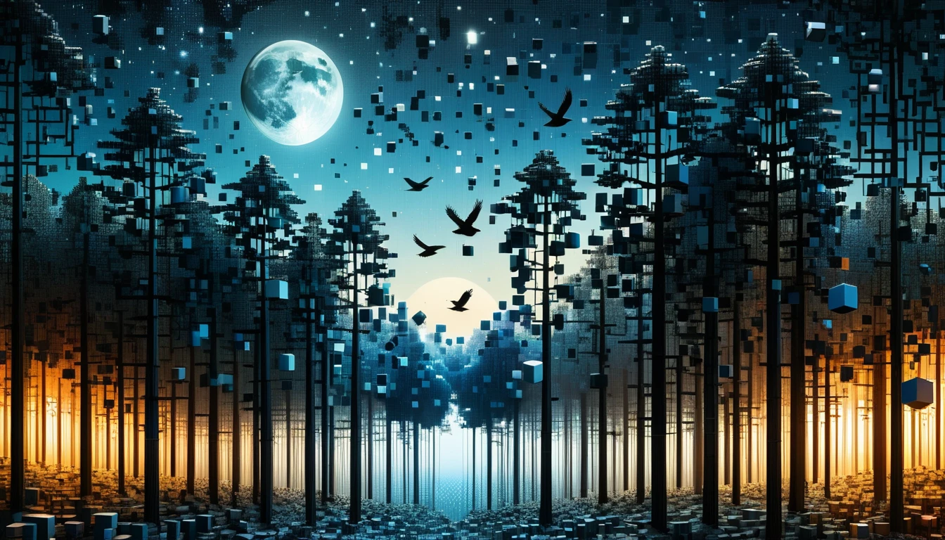 RAL-A mysterious forest made of 3D cubes,wood々is enveloped in the tranquil moonlight,A lot of birds fly,The clear stars shine in the sky,Many birds fly