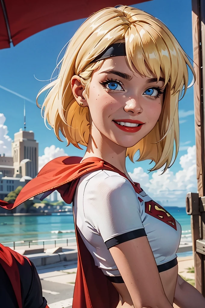 supes, blonde hair, blue eyes, crop top, midriff,cape headband, red lips, looking at viewer, smiling,  close up portrait, 
outside, blue sky,  extreme detail, hdr, beautiful quality, saia curta e colada