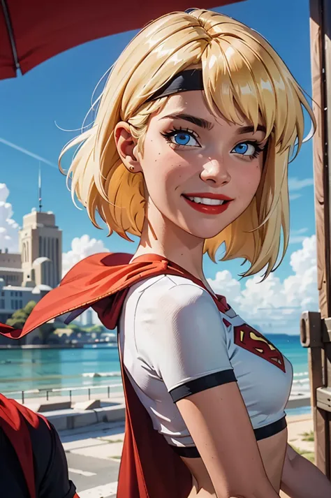 supes, blonde hair, blue eyes, crop top, midriff,cape headband, red lips, looking at viewer, smiling,  close up portrait, 
outsi...