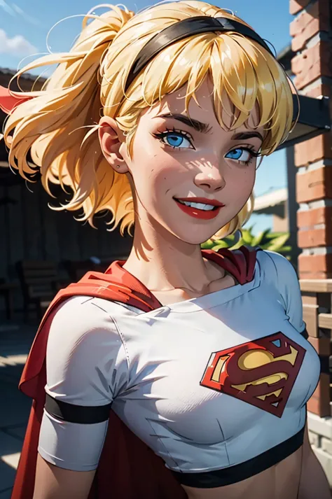 supes, blonde hair, blue eyes, crop top, midriff,cape headband, red lips, looking at viewer, smiling,  close up portrait, 
outsi...