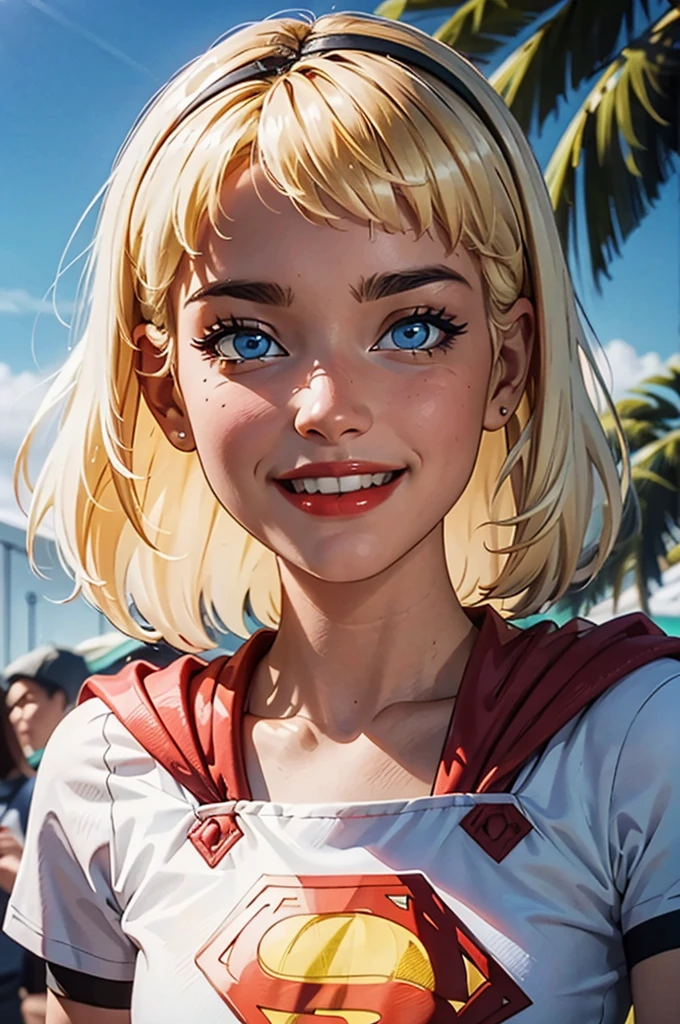 supes, blonde hair, blue eyes, crop top, midriff,cape headband, red lips, looking at viewer, smiling,  close up portrait, 
outside, blue sky,  extreme detail, hdr, beautiful quality, saia curta e colada