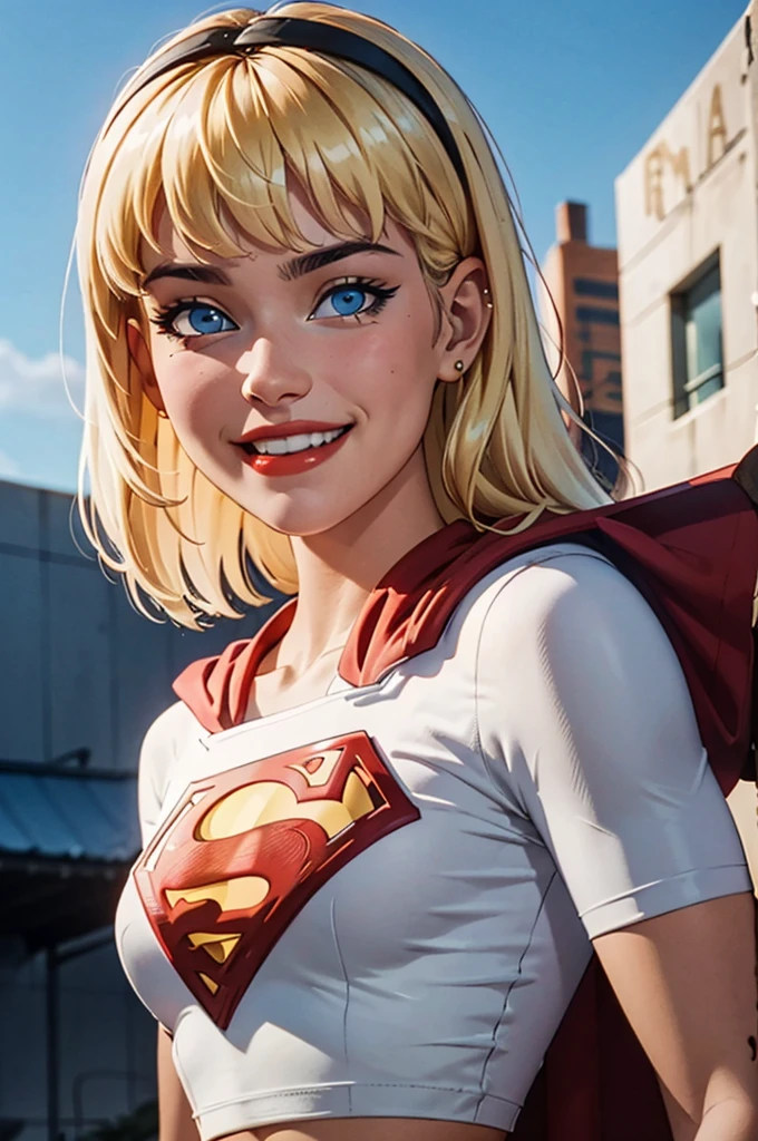 supes, cheveux blond, yeux bleus, haut court, diaphragme,bandeau cape, lèvres rouges, regarder le spectateur, souriant,  portrait en gros plan, 
dehors, ciel bleu,  détail extrême, HDR, belle qualité, jupe courte et ajustée