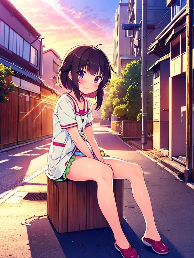 tanuki girl, loli tanuki, kawaii, on a streets of tokyo, sunset, sunbeams, magical lighting, akihabara, in cute short dress, undies visible, panties visible, smiling, blushing, shy pose, kawaii outfit, beautiful hair, looking away Short skirt raised show panties  NSFW open legs