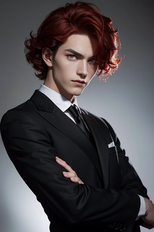 1 devil male with pointy ears, 2D, Caucasian skin, mature, Decadent beauty, bright yellow eyes, Red hair color, hair covering the forehead, Short permed hair with lots of curls, fascinating eyes, gray background, A neat black suit with nothing attached, masculine, Atmospheric, a faint smile, dark atmosphere, sexy, sharp eyes, pointy, red ears, bubbling hair, a puzzled expression, He is wearing only a black dress shirt and a black modern style suit., western appearance, baby perm, yellow eyes