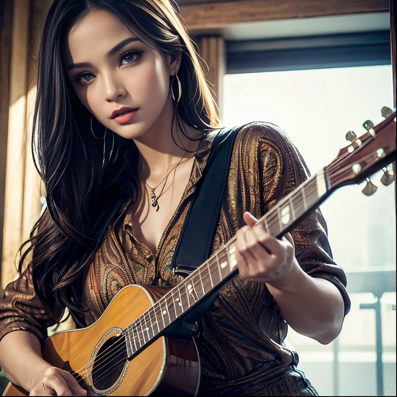 a woman wearing a paisley jumpsuit playing guitar, beautiful detailed eyes, beautiful detailed lips, extremely detailed eyes and face, long eyelashes, photorealistic, 8k, hyperrealistic, beautiful lighting, natural colors, dynamic composition, highly detailed, intricate details, cinematic lighting, dramatic shadows, atmospheric, stunning, gorgeous, vibrant colors, masterpiece, illustration