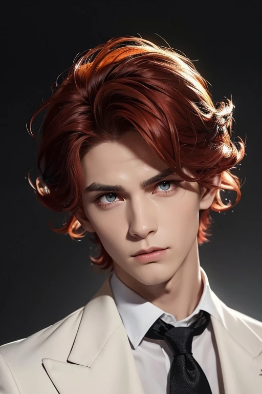 1 devil male with pointy ears, 2D, Caucasian skin, mature, Decadent beauty, bright yellow eyes, Red hair color, hair covering the forehead, Short permed hair with lots of curls, fascinating eyes, gray background, A neat black suit with nothing attached, masculine, Atmospheric, a faint smile, dark atmosphere, sexy, sharp eyes, pointy, red ears, bubbling hair, a puzzled expression, He is wearing only a black dress shirt and a black modern style suit., western appearance, yellow eyes