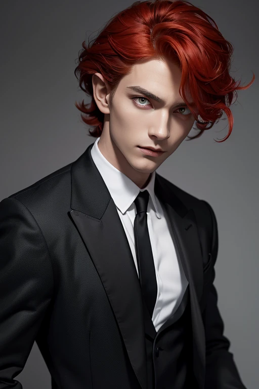 1 devil male with pointy ears, 2D, Caucasian skin, mature, Decadent beauty, bright yellow eyes, Red hair color, hair covering the forehead, Short permed hair with lots of curls, fascinating eyes, gray background, A neat black suit with nothing attached, masculine, Atmospheric, a faint smile, dark atmosphere, sexy, sharp eyes, pointy, red ears, bubbling hair, a puzzled expression, He is wearing only a black dress shirt and a black modern style suit., western appearance, yellow eyes