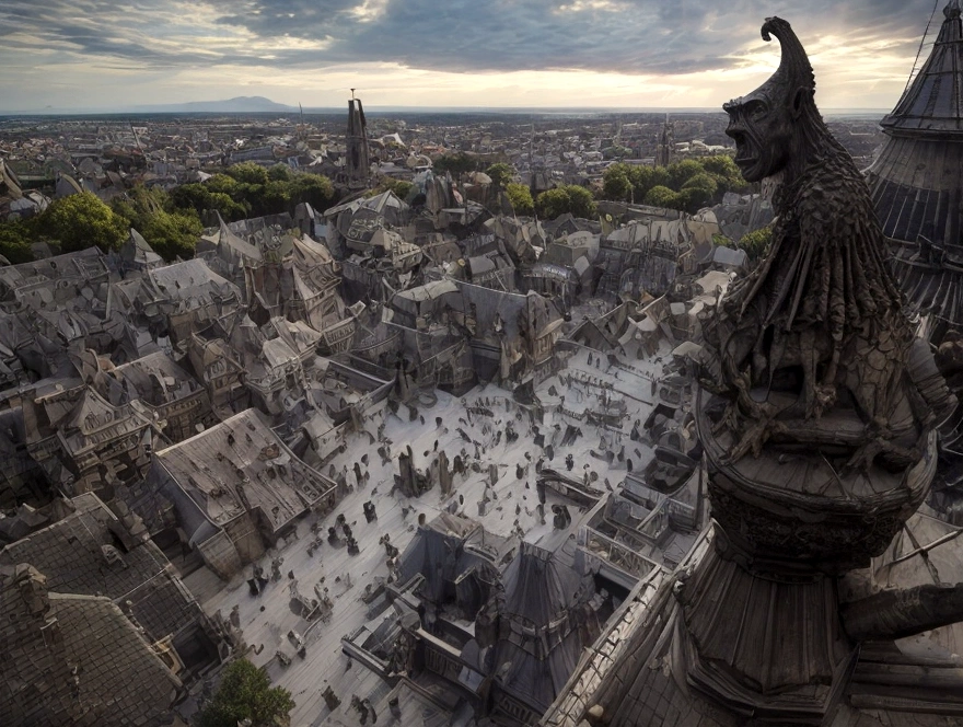 a view of fantasy medieval city, taken from the top of church of , at night, the shot taken while standing behind the statue of a ((gargoyle on the roof: 1.5)), 16K, ultra detailed, masterpiece, best quality, (extremely detailed), arafed, dnd art, god rays, cinematic lighting, glowing light, silhouette, from outside, photorealism, panoramic view (Masterpiece, intense details: 1.5) , Wide-Angle, Ultra-Wide Angle, aetherpunkai