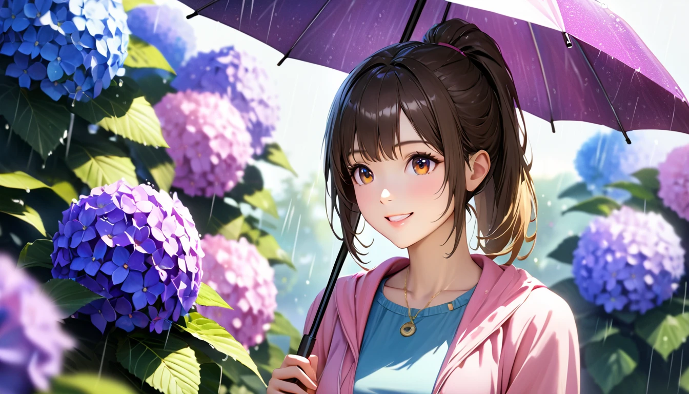 rain,Hydrangea Park, Cute casual clothes, Holding an umbrella,Blur the background,High school girls,ponytail,smile,Glitter effect,highest quality, 4K, 8k, High resolution, masterpiece:1.2, Very detailed, Realistic:1.37, High resolution, 超High resolution, Ultra-fine painting, Sharp focus, Physically Based Rendering, Very detailedな説明, Professional, Vibrant colors