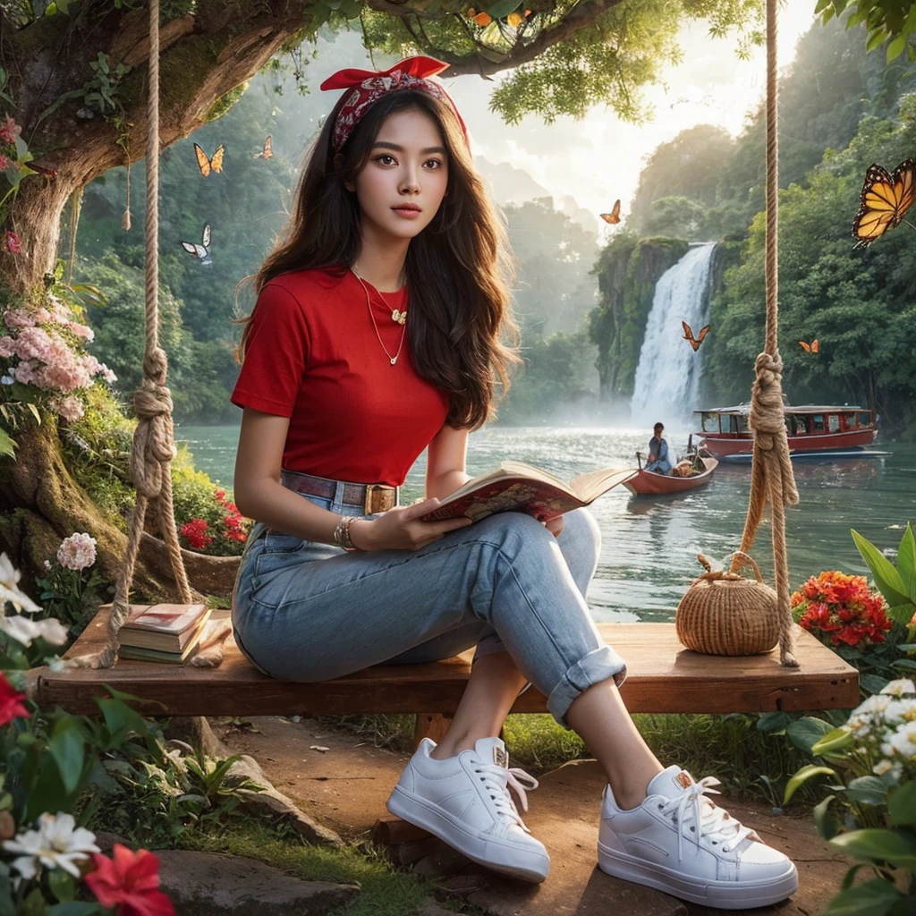 A beautiful Indonesian woman with a clean and gentle face wearing a red t-shirt, white jeans, white sneakers and bandana, posing sitting on a wooden swing under a tree with flowers and butterflies around it, with a natural scenery background, there is a river, waterfall, boat,and night  day ,star and light moon ,while holding a book ,realistic HD high-quality photography ultra detail face, 18k camera Canon