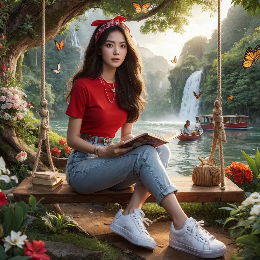 一位美麗的印尼女人，臉乾淨溫柔，穿著紅色 T 卹, 白色牛仔褲, 白色運動鞋和頭巾, 坐在樹下的木製鞦韆上，周圍有花和蝴蝶, 以自然風光為背景, 有一條河, 瀑布, 船,和夜晚的白天 ,星星和光月 ,拿著一本書的時候 ,逼真高清高品質攝影超細節臉部, 18k相機佳能