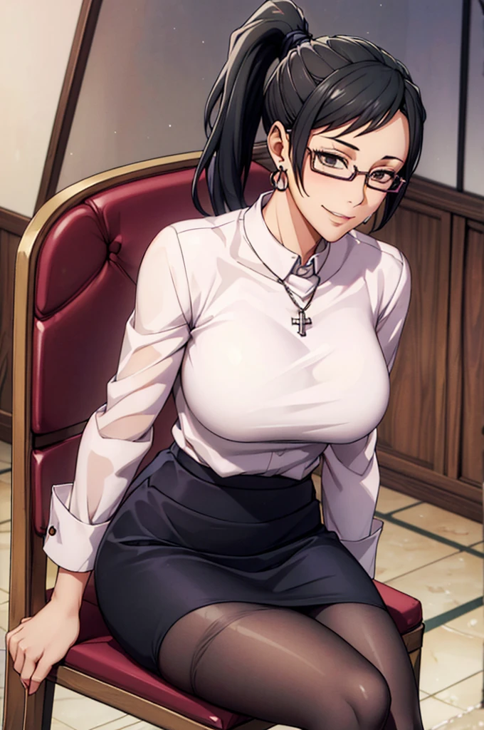 (((highest quality))),(((High resolution))),((Sit cross-legged in a chair))、((Office Uniforms))、(((Long Hair))),(((highest quality))),(((Correct Anatomy))),(((Office lady suit)))、((((mini skirt)))), ((Black Pantyhose)),((Pleated skirt)),((Fancy Lingerie)),((Black knee-high stockings)),((A shy smile)),(Tabletop, highest quality, High resolution, , Pixel perfect, 4K,), (((Mature MILF)))、(One mature woman)、((Long Hair))、((ponytail))、I could see the whole body, Soft Breasts, Dynamic Angle, Perfect body, ((Earrings、necklace,Pleated skirt)),Glasses