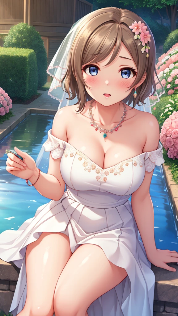 (Masterpiece), 8k wallpaper, solo, Watanabe you, game cg, beautiful detailed face and eyes, perfect anatomy, standing, outside, blush, glossy lips, wedding dress, off the shoulder, necklace, jewelry, garden