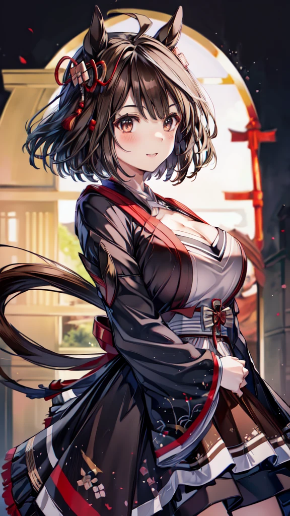 ((masterpiece, sidelighting, finely detailed beautiful eyes: 1.2)), ultra-detailed, ultra high res, professional lighting, high quality makeup, beautiful detailed eyes, sexy, beautiful, big eyes, drooping eye, (Kitasan Black:1.8), (middle breasts), (slender body:1.1), (brown and red japanese clothes, skirt:1.8), (horse ear:1.2), (blush cheek, blush body:1.2), (black hair:1.2), (short hair:1.2), (horse ear:1.2), Extremely cute, (extremely detailed beautiful face), Authentic skin texture, beautiful hair, beautiful face, beautiful eyes, beautiful body, beautiful hands, (smile:1.2), standing, (face focus:1.6), (cleavage breasts focus:1.4), (erect nipples)