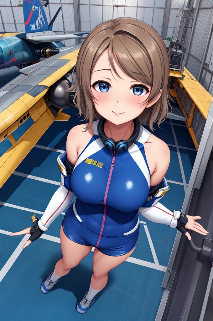 (Masterpiece), 8k wallpaper, solo, Watanabe you, game cg, beautiful detailed face and eyes, perfect anatomy, standing, aircraft hangar, pilot's flight suit