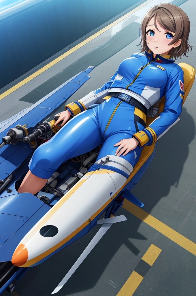 (Masterpiece), 8k wallpaper, solo, Watanabe you, game cg, beautiful detailed face and eyes, perfect anatomy, standing, aircraft hangar, pilot's flight suit