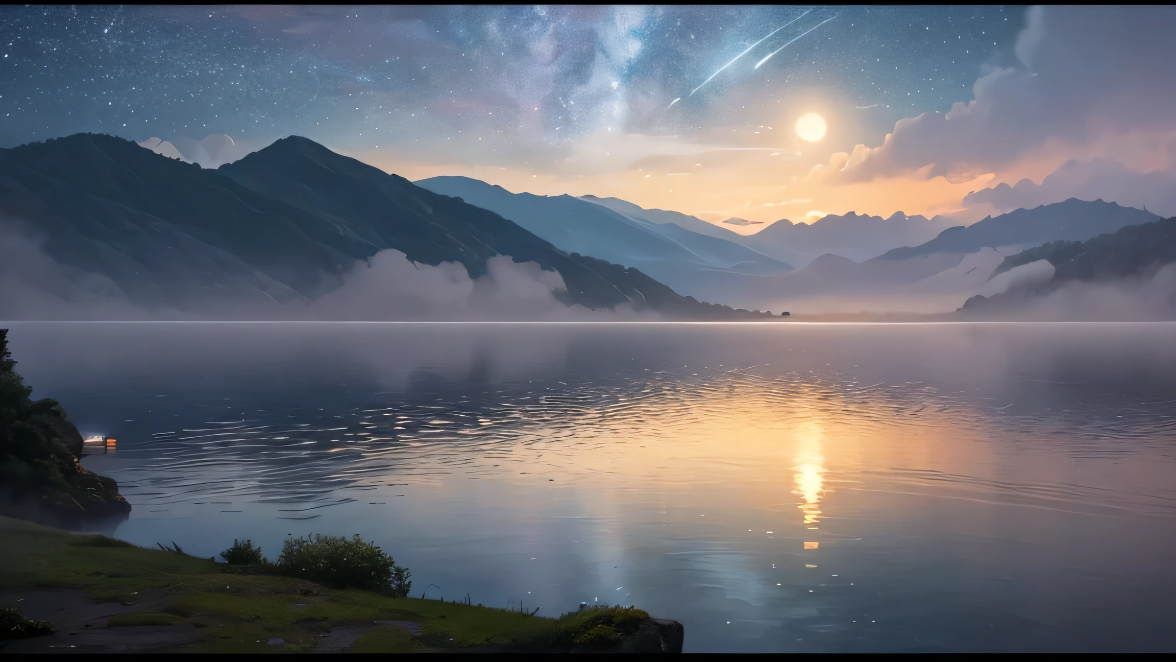 4K, highest quality,A quiet lakeside shrouded in late-night fog。Faint moonlight shines through the fog into fantasy、Lakeside、fog、moonlight、Silence、Fantasy