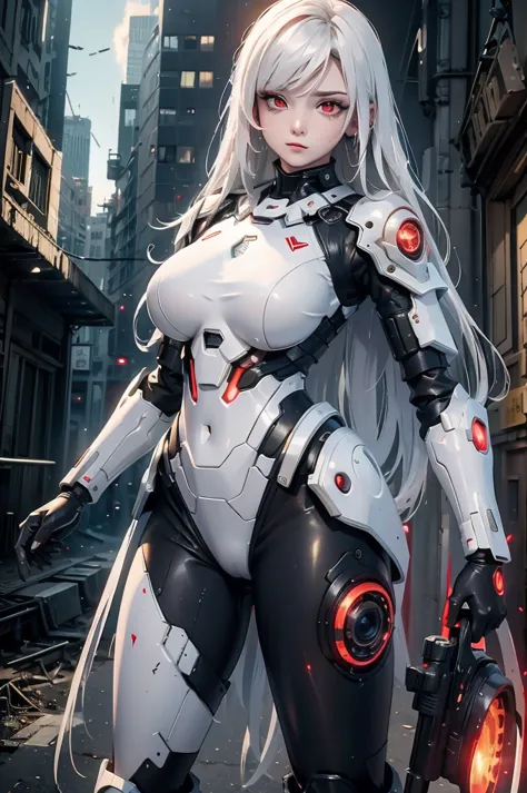 ((Cyberpunk women images))，Dynamic pose、(masterpiece:1.4, highest quality, Dutch Angle)(One girl, alone)（White hair that changes...